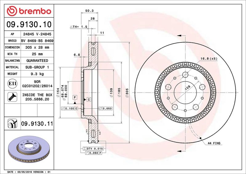 2x BREMBO 09913011 Brake Disc Front Internally Vented For Volvo S60 S80 ...